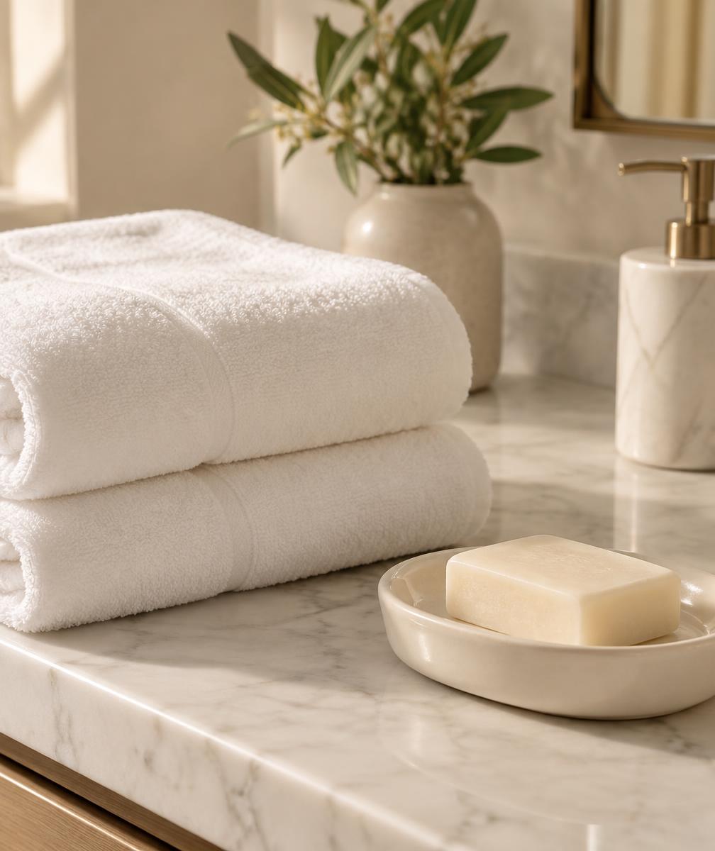 Folded white towels on a clean marble bathroom counter