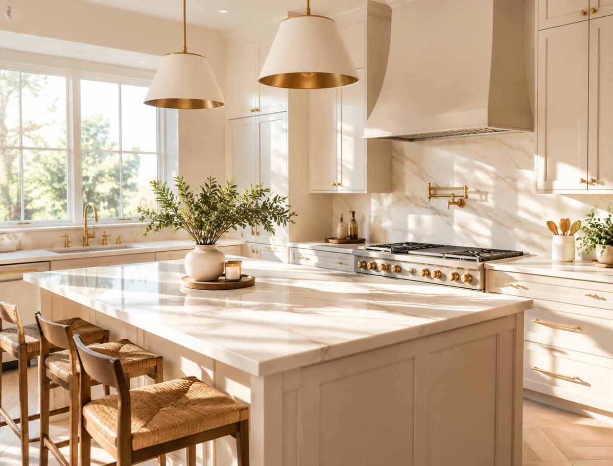 Spotless bright kitchen with marble countertops